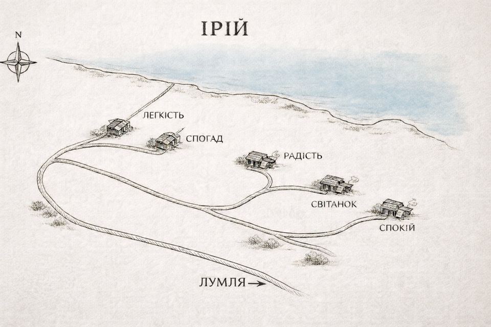 Мальована карта простору ІРІЙ: п'ять будинків — Легкість, Спогад, Радість, Світанок, Спокій — уздовж води, з під'їзною дорогою з боку Лумлі